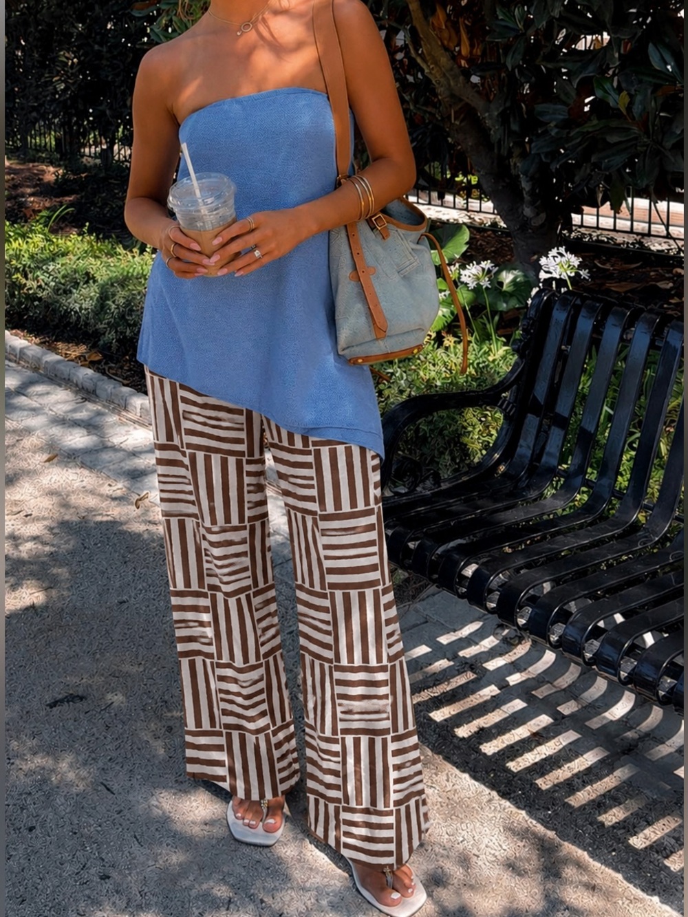 Linen Blend Wide-Leg Geometric Print Pants Boho Funky